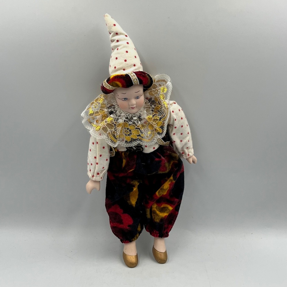 VTG 12" Porcelain Harlequin Clown Doll Jester Red Gold Velvet Polka Dot Costume